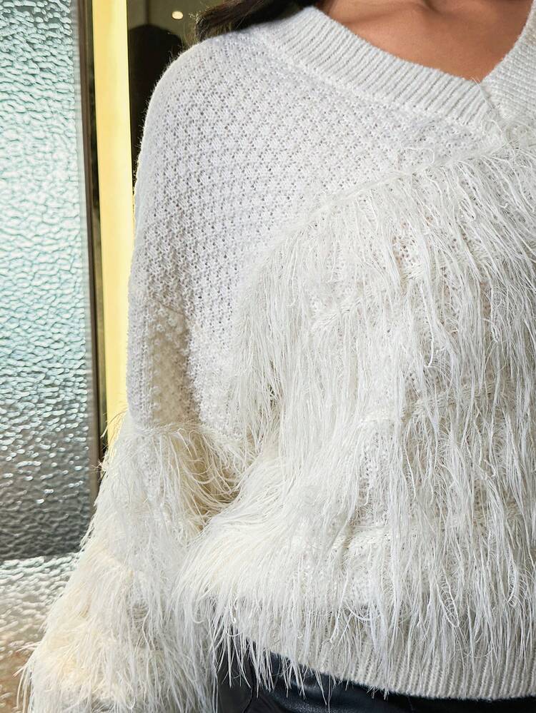 Fringe Trim Drop Shoulder Knit Pullover Fall Winter Sweater
