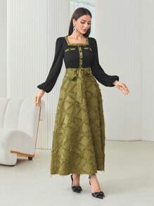 Modelyn Square Neck Lantern Sleeve Belted Jacquard Dress - Multicolor - View 3
