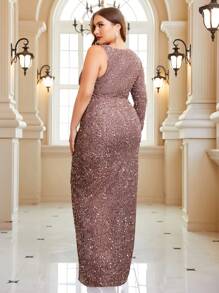 SHEIN Belle 非對稱設計的豪華串珠性感荷葉邊禮服,加大碼,適用於派對(較重) - 杏色 - 查看 4