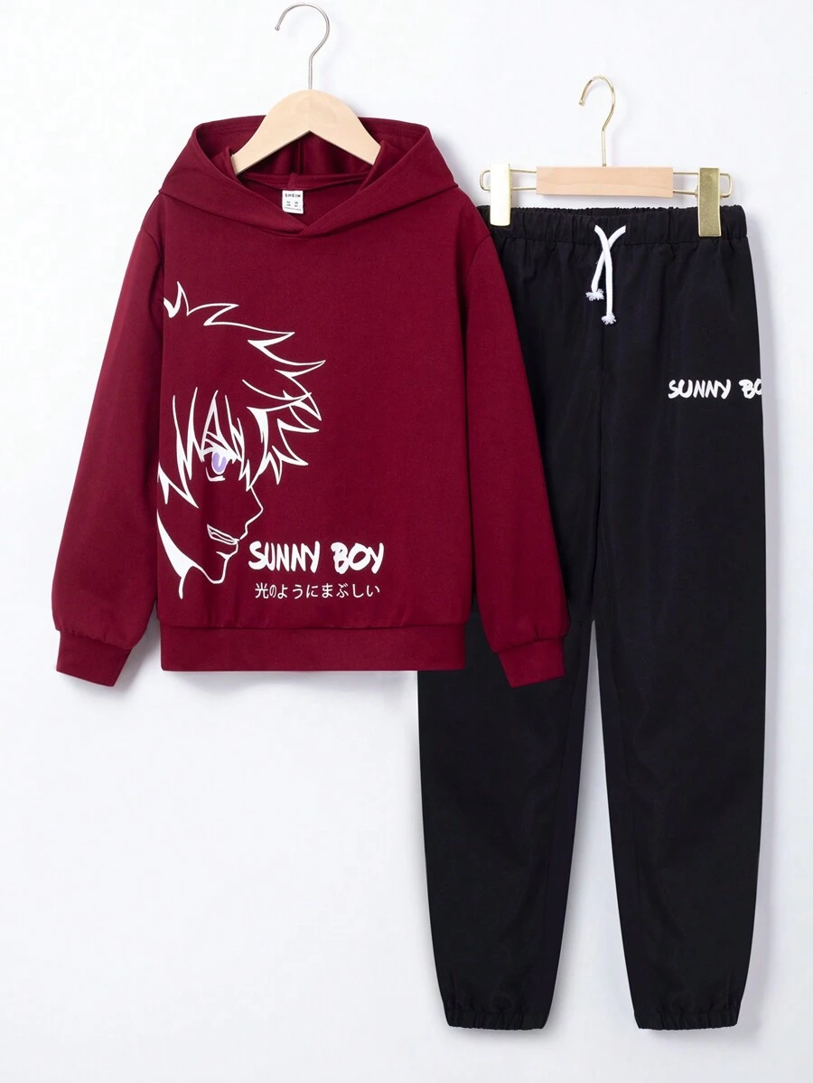 SHEIN 男大童日文和人像圖案連帽衫和腰部抽繩衛褲 - 酒紅色 - 查看 1