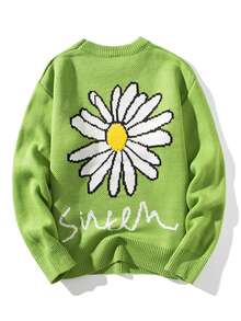Men Floral Embroidery Drop Shoulder Sweater - Green - View 2