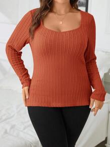 SHEIN Essnce 大碼素色大圓領T恤 - 鏽棕色 - 查看 5