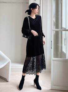 DAZY Contrast Lace Hem Velvet Dress,Fall Dress Long Sleeve Dress