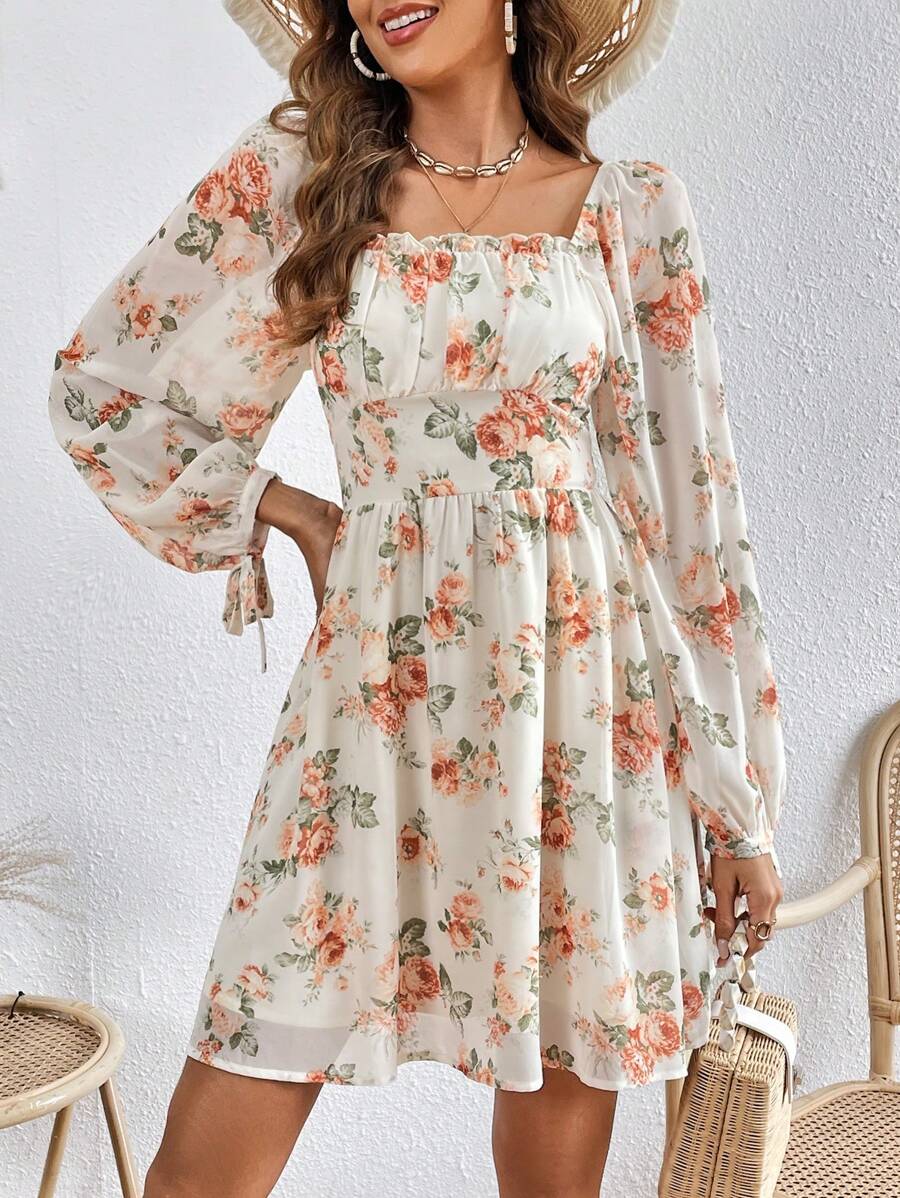 SHEIN VCAY Floral Print Knot Cuff Lantern Sleeve Dress