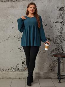 SHEIN LUNE 大尺碼實色娃娃裝春季上衣 - 墨綠色 - 查看 5