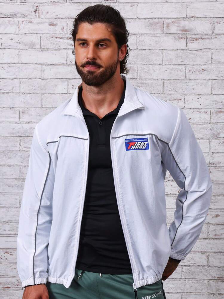 Men Letter Graphic Contrast Piping Zip Up Sports Jacket Workout Tops Sports Jacket
