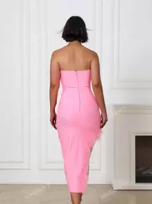 Sexy Side Cut-Out Bra Top With Artificial Feather Details Bodycon Party Midi Dress