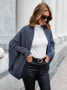 SHEIN LUNE In Toàn bộ tay cánh Mở Mặt trước áo - Xanh và trắng - Xem 3