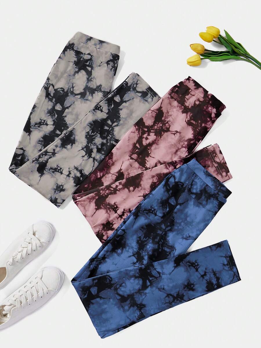 SHEIN Essnce 3入組紮染緊身打底褲 - 彩色 - 查看 1