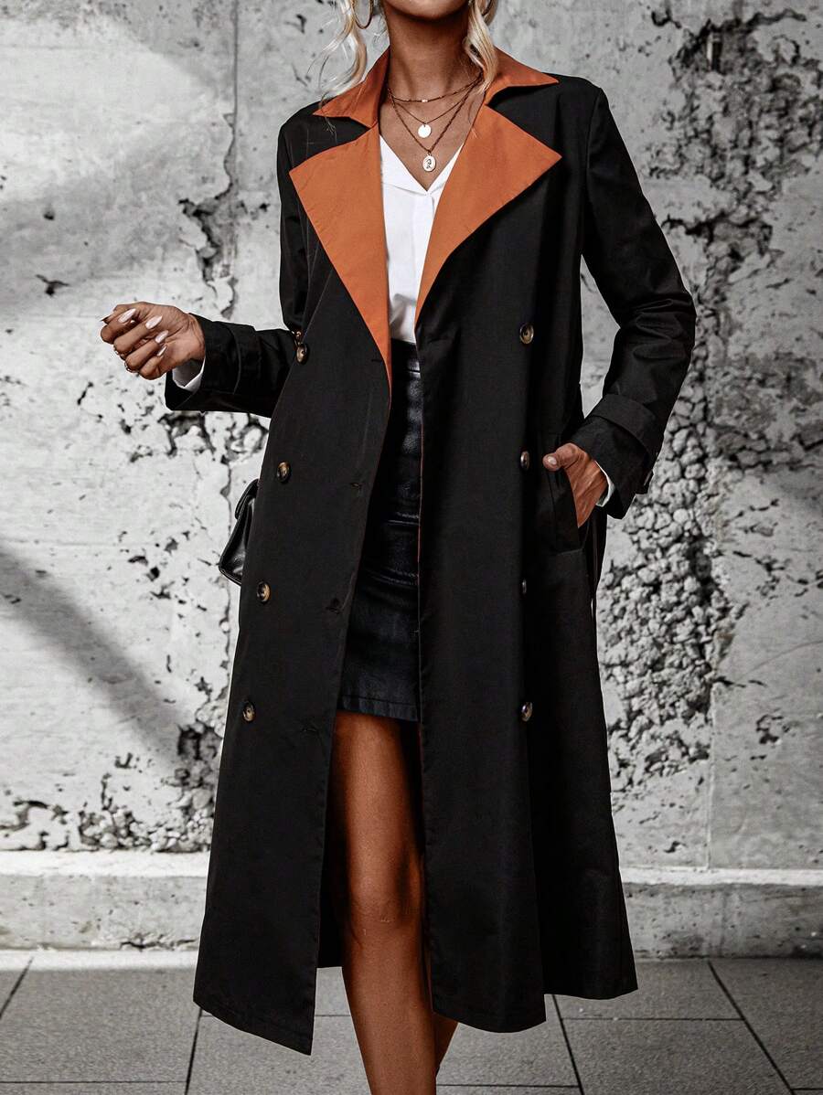 Chiquease Panel Tương phản Đôi ngực Thắt lưng Áo khoác Trench - màu đen - Xem 1