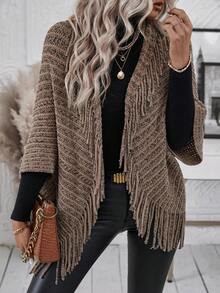 SHEIN LUNE Thuốc nhuộm Không gian Viền rìa tay cánh Áo Cardigan - Lạc đà - Xem 6