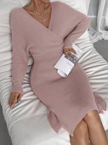 RosyDaze Surplice Neck Batwing Sleeve Split Thigh Sweater Dress Fall Winter Cloth For Women - Dusty Purple - View 5