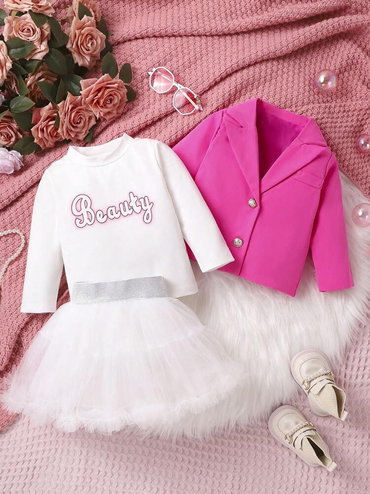 Baby Girl Letter Graphic Blazer & Mesh Overlay Skirt & Tee