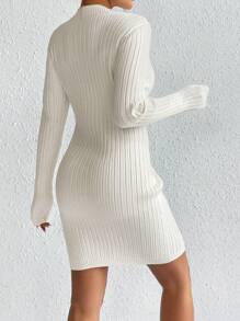 SHEIN Frenchy Mock Neck Split Hem Ribbed Knit Bodycon Sweater Dress Without Belt In Fall/Winter - Beige - View 2
