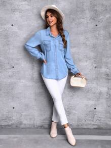 SHEIN Tall Flap Pocket Button Front Blouse, Women Long Sleeve Spring Top - Blue - View 4
