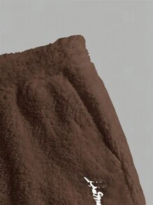 GENTILAND 男士字母刺繡絨毛長褲 - 咖啡棕 - 查看 3