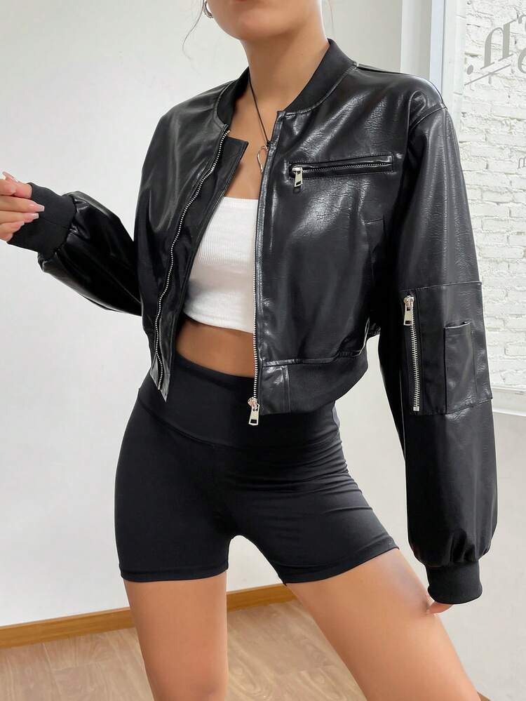 Zip Up PU Leather Bomber Jacket