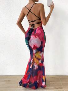 Islaluna Tie Dye Contrast Lace Mermaid Hem Mesh Cami Dress Maxi Women Outfit - Multicolor - View 3