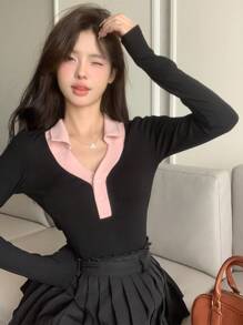 DAZY Áo thun nữ tay dài cài nút cổ tương phản, quần áo nữ mùa thu - màu đen - Xem 7
