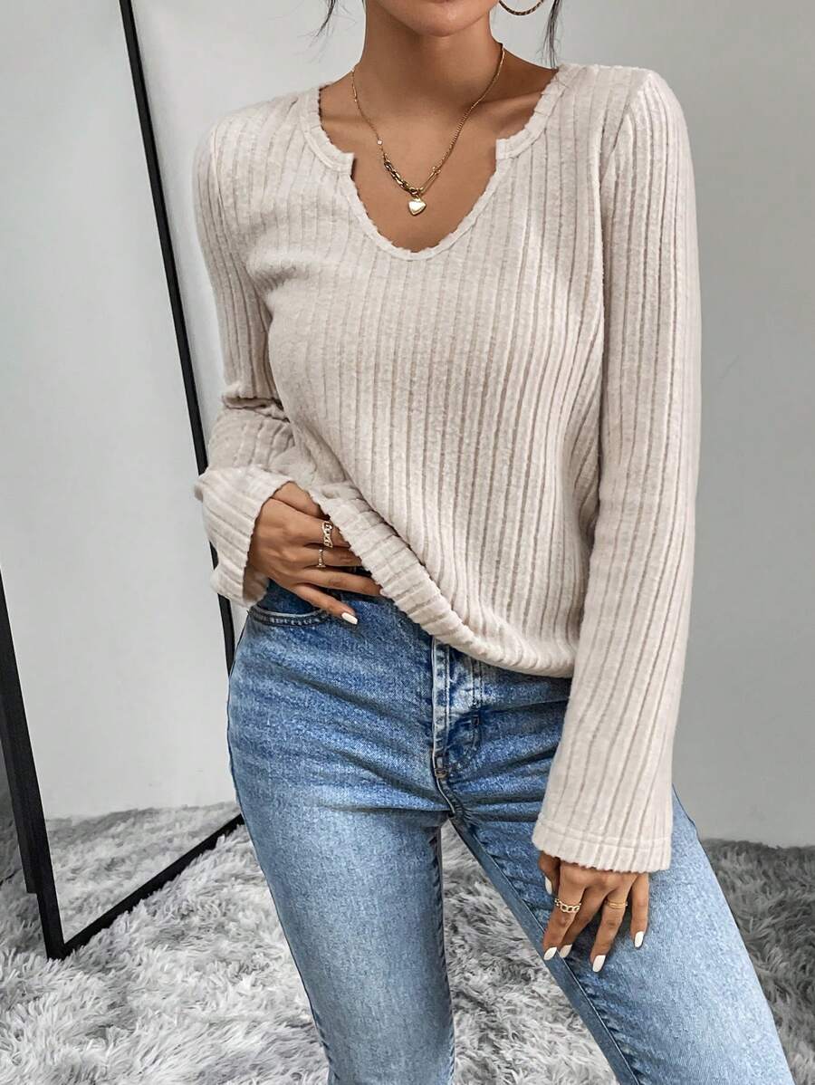 SHEIN Essnce Notched Neck Ribbed Knit Tee