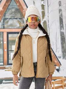 SHEIN Tween Girl 1pc Drop Shoulder Zipper Hooded Thermal Lined Quilted Coat - Khaki - View 4