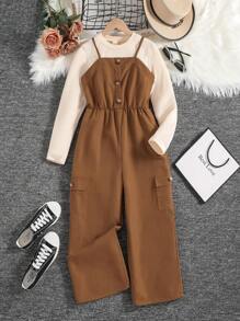 SHEIN 女大童素色T恤和側翻蓋口袋吊帶連體褲