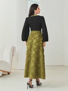 Modelyn Square Neck Lantern Sleeve Belted Jacquard Dress - Multicolor - View 2