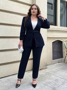 SHEIN Privé Plus Lapel Neck Belted Blazer & Pants - Navy Blue - View 7