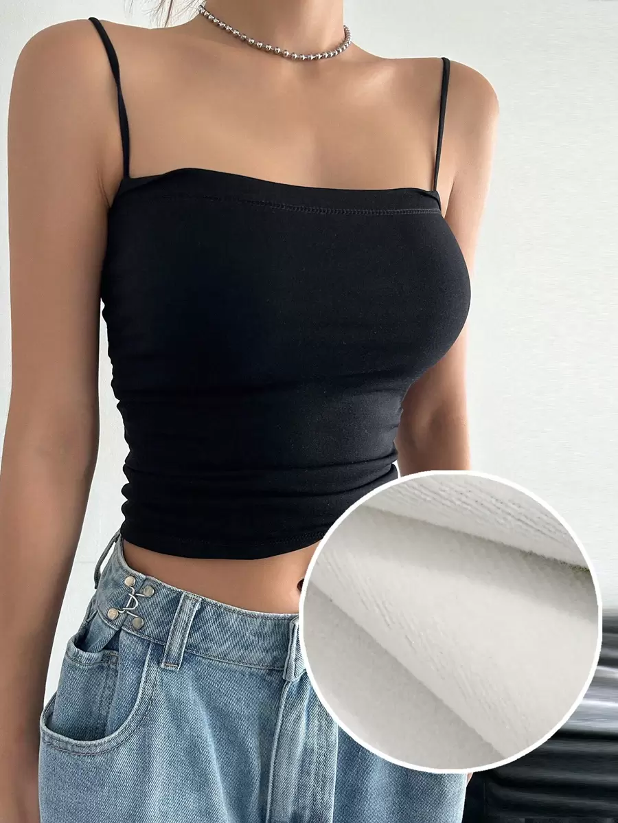 DAZY Women's Solid Color Spaghetti Strap Solid Crop Cami Tops,Thermal Lined - Black - View 1