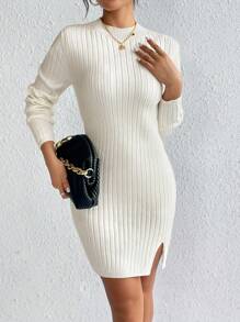 SHEIN Frenchy Mock Neck Split Hem Ribbed Knit Bodycon Sweater Dress Without Belt In Fall/Winter - Beige - View 3
