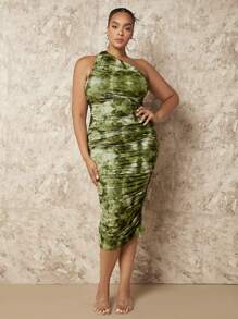 SHEIN BAE 大碼紮染單肩褶邊緊身洋裝 - 彩色 - 查看 3