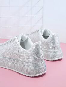 Rhinestone Lace Up Front Skate Shoes - Silver - View 3