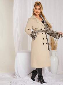 SHEIN SXY Houndstooth Print Double Breasted Belted Overcoat