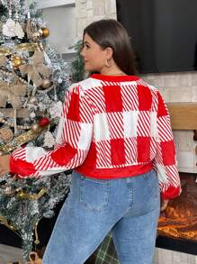 SHEIN Essnce Plus Plaid Print Lantern Sleeve Tee - Red - View 2