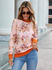 SHEIN LUNE Floral Print Contrast Trim Sweatshirt - Pink - View 4
