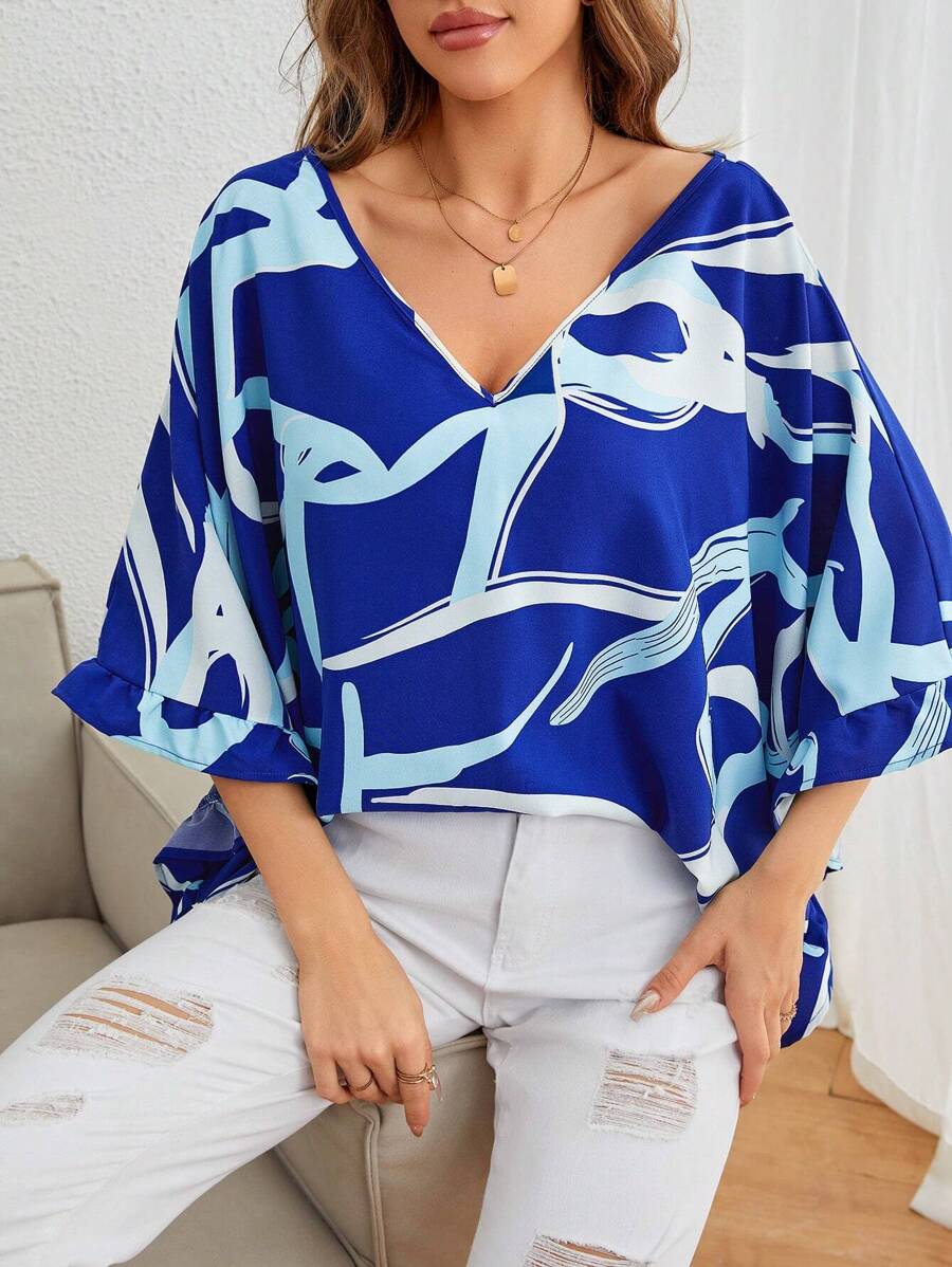SHEIN Privé Graphic Print Batwing Sleeve Blouse - Blue - View 1