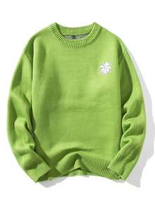 Men Floral Embroidery Drop Shoulder Sweater - Green - View 1