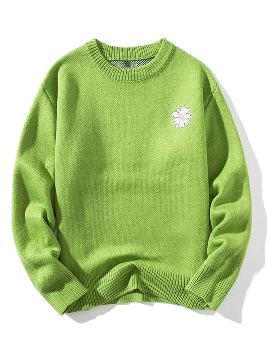 Men Floral Embroidery Drop Shoulder Sweater - Green - View 1