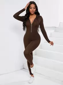 Zolique Half Zip Drawstring Hooded Unitard Jumpsuit - Chocolate Brown - View 1