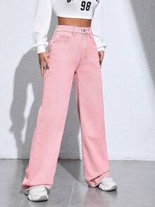 SHEIN ICON Chất rắn quần ống rộng Quần jean - Hồng - Xem 5