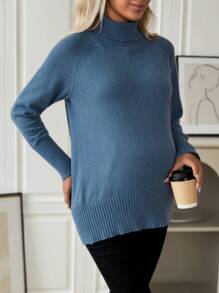 SHEIN 孕妇高领插肩袖毛衣，适合孕妇，冬季 - 藍色 - 查看 6