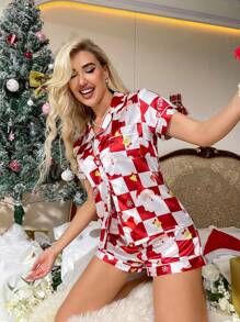Christmas Santa Claus & Checker Print Contrast Piping Satin PJ Set - Multicolor - View 2