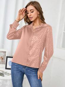 SHEIN Unity Leopard Jacquard Button Front Satin Shirt - Coral Orange - View 6