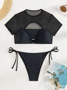 Swim EVENT Summer Beach Ring Linked Cut Out Bikini Set With Cover Up - Black - View 3