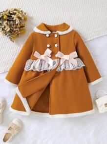 Baby Girl Contrast Lace Ruffle Trim Double Breasted Bow Front Peter Pan Collar Double Button Overcoat - Camel - View 2