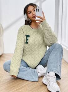 SHEIN Essnce Letter Pattern Drop Shoulder Sweater - Green - View 5
