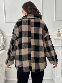 SHEIN LUNE Plus Buffalo Plaid Pattern Drop Shoulder Teddy Coat, For Winter - Apricot - View 2