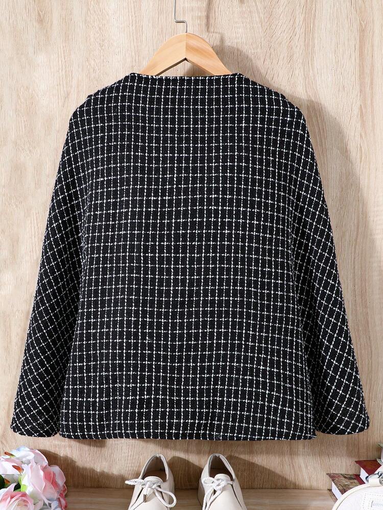 Tween Girl Plaid Print Trumpet Sleeve Belted Tweed Coat