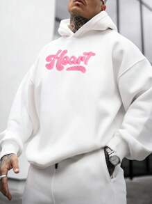 GENTILAND 宽松版型大码男式字母图案落肩连帽衫 - 白色 - 查看 1