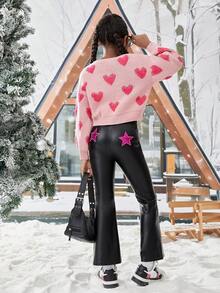 Tween Girl Star Pattern Flare Leg PU Leather Pants - Black - View 6